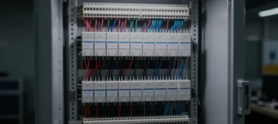 Painel elétrico com bornes e cabeamento identificado